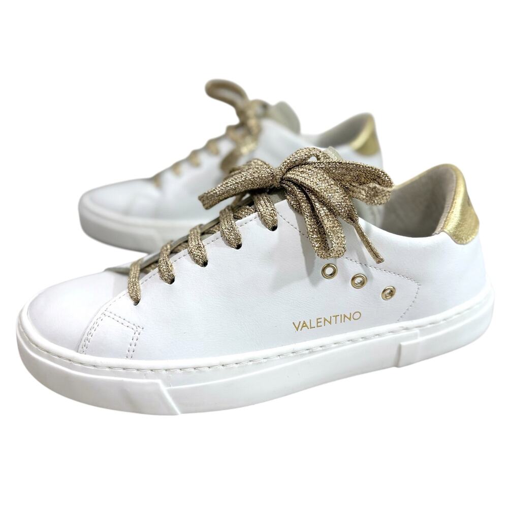 Valentino White Gold Leather Platform Sneakers Glitter Laces Size 8.5 NWOB Italy